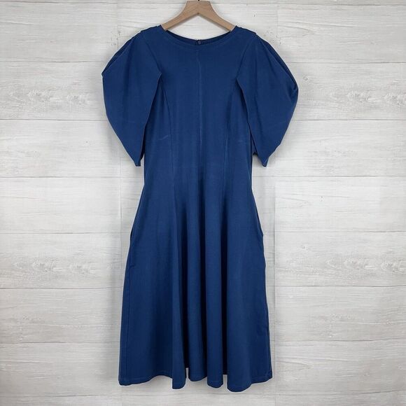 eShakti Midi Dress Size M Blue Fit Flare Asymmetric Puff Sleeve Jersey Cotton - Picture 2 of 14